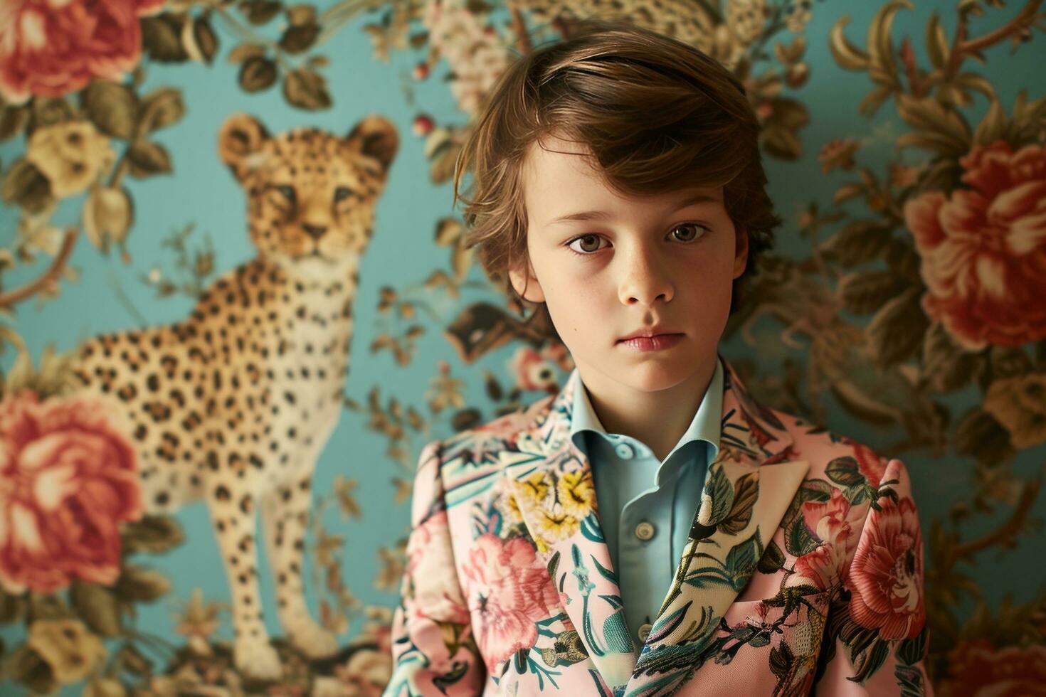 AI generated a boy dressed in a flowery suit poses in front of patterned animals photo