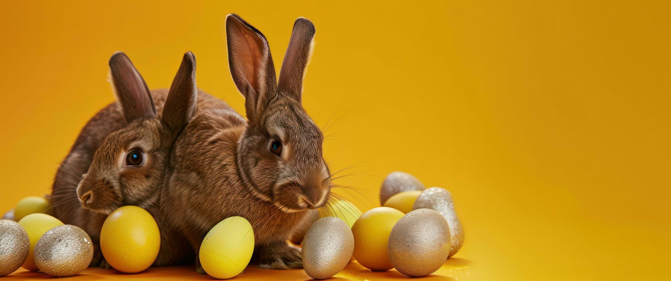 AI generated a bunch of brown rabbits with yellow easter eggs on an orange background photo