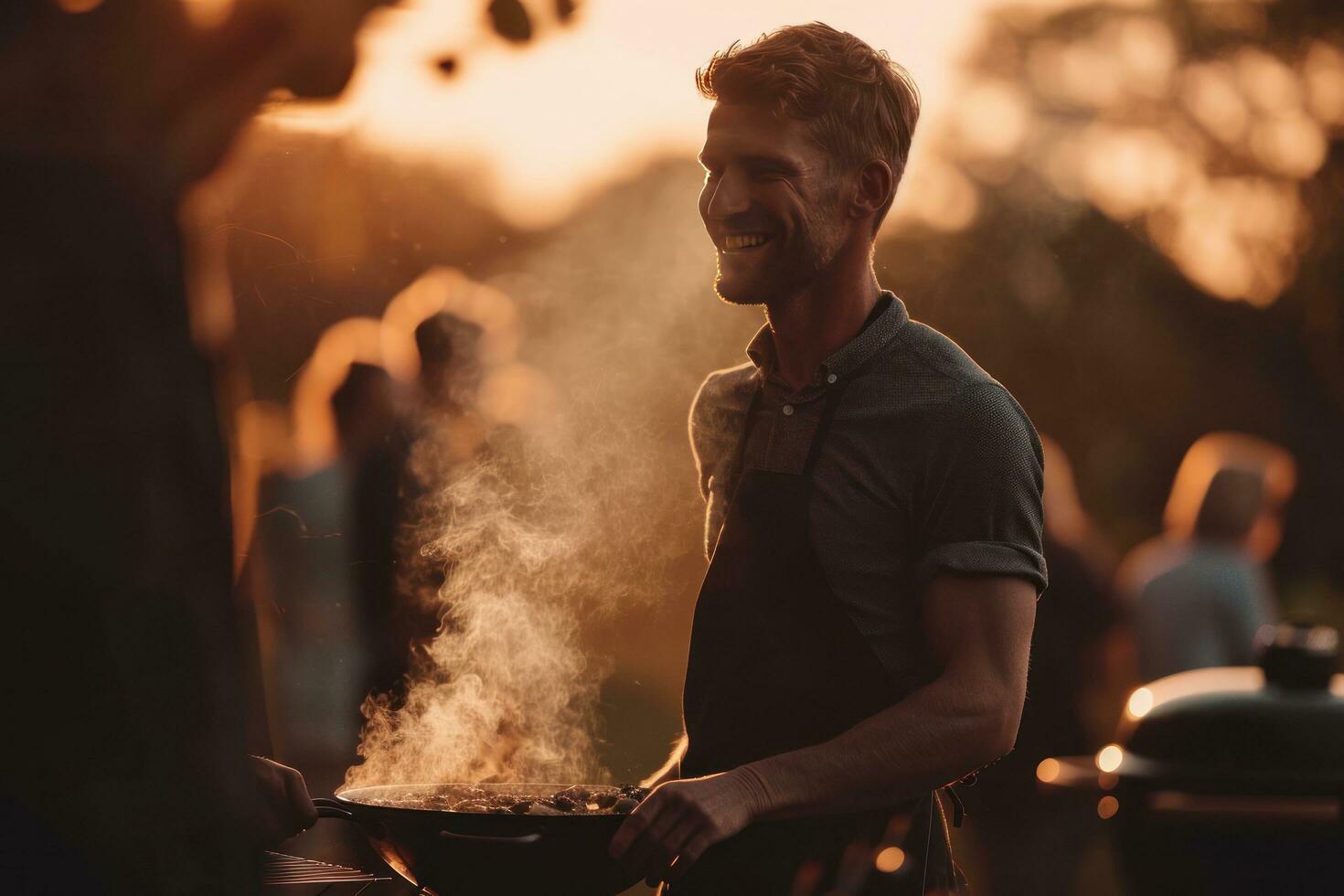 ai generado un hombre sonriente mientras en pie en frente de un parrilla con un pocos personas fuera de foto