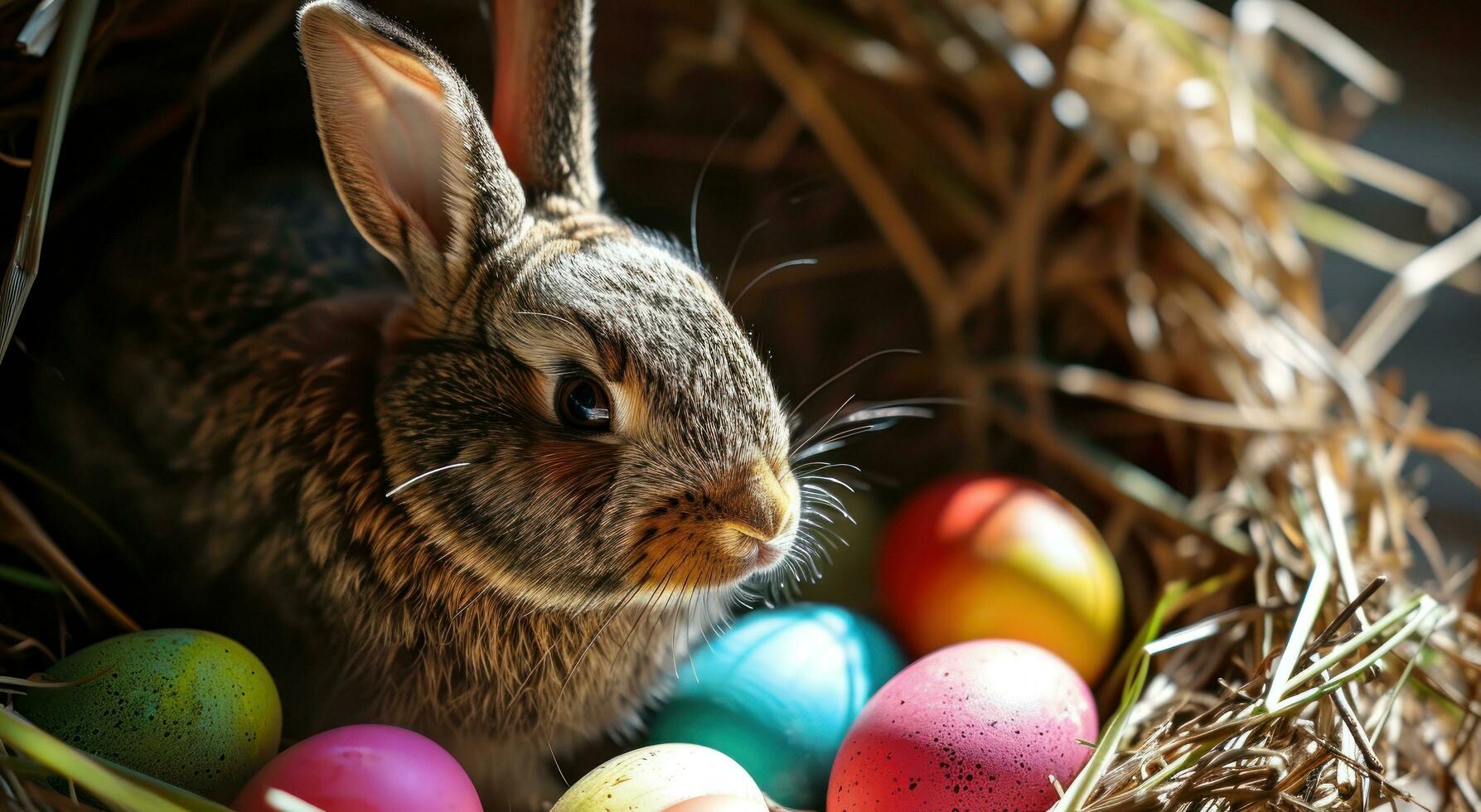 AI generated a brown rabbit in a nest with brightly colored eggs photo