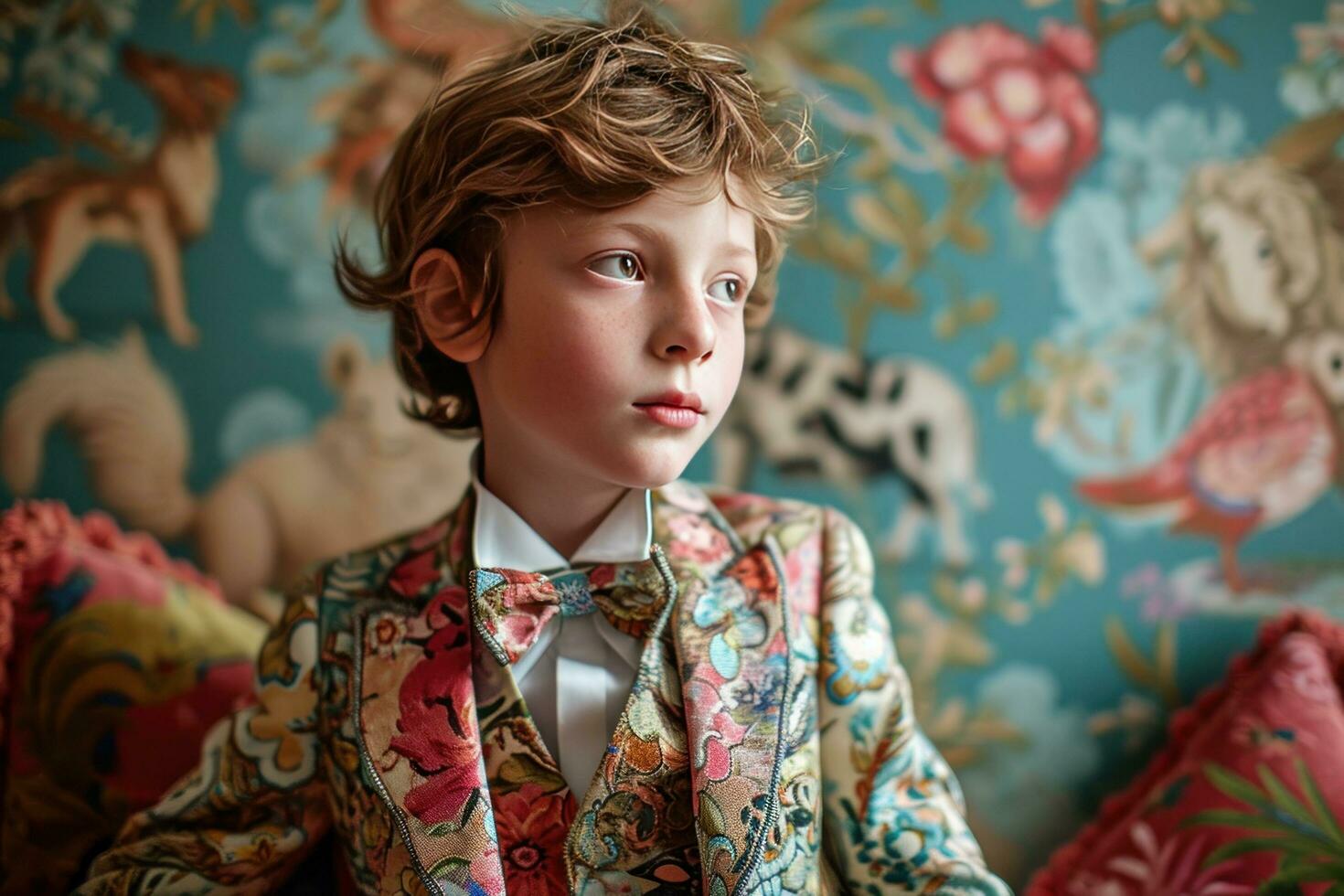 AI generated a boy dressed in a flowery suit poses in front of patterned animals photo