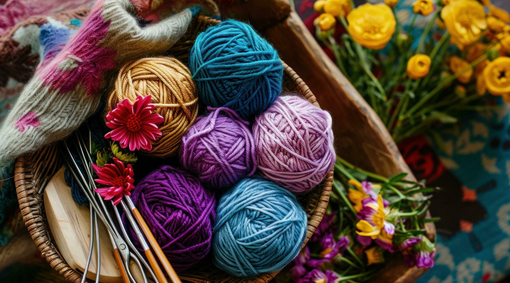 AI generated a bowl filled with many colorful balls of yarn, and pens photo