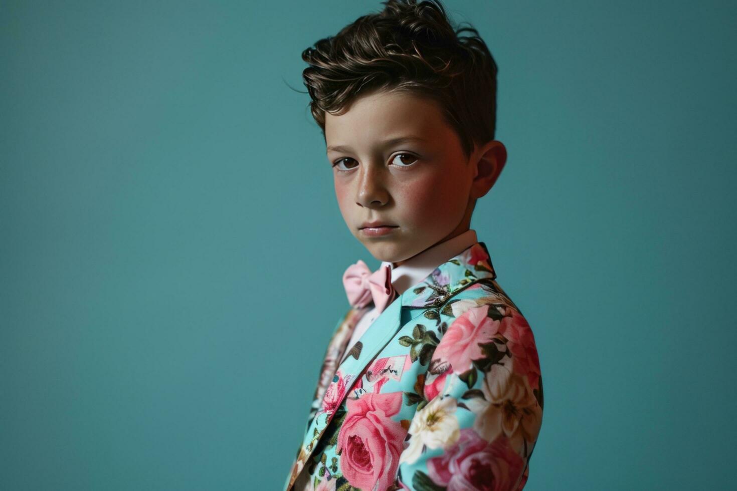 AI generated a little boy in a floral suit poses for a photo