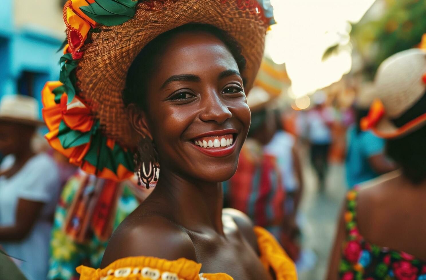 ai generado un contento carnaval bailarín sonriente como ellos caminado mediante un ciudad foto