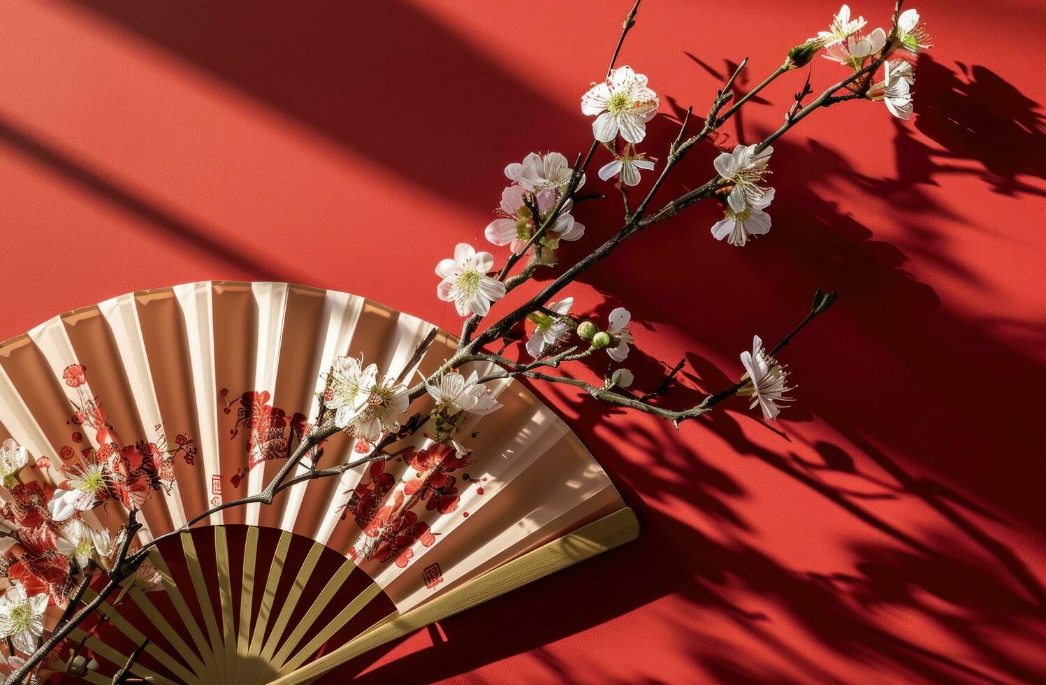 AI generated a paper fan with white blossoms and red design background on a red background photo