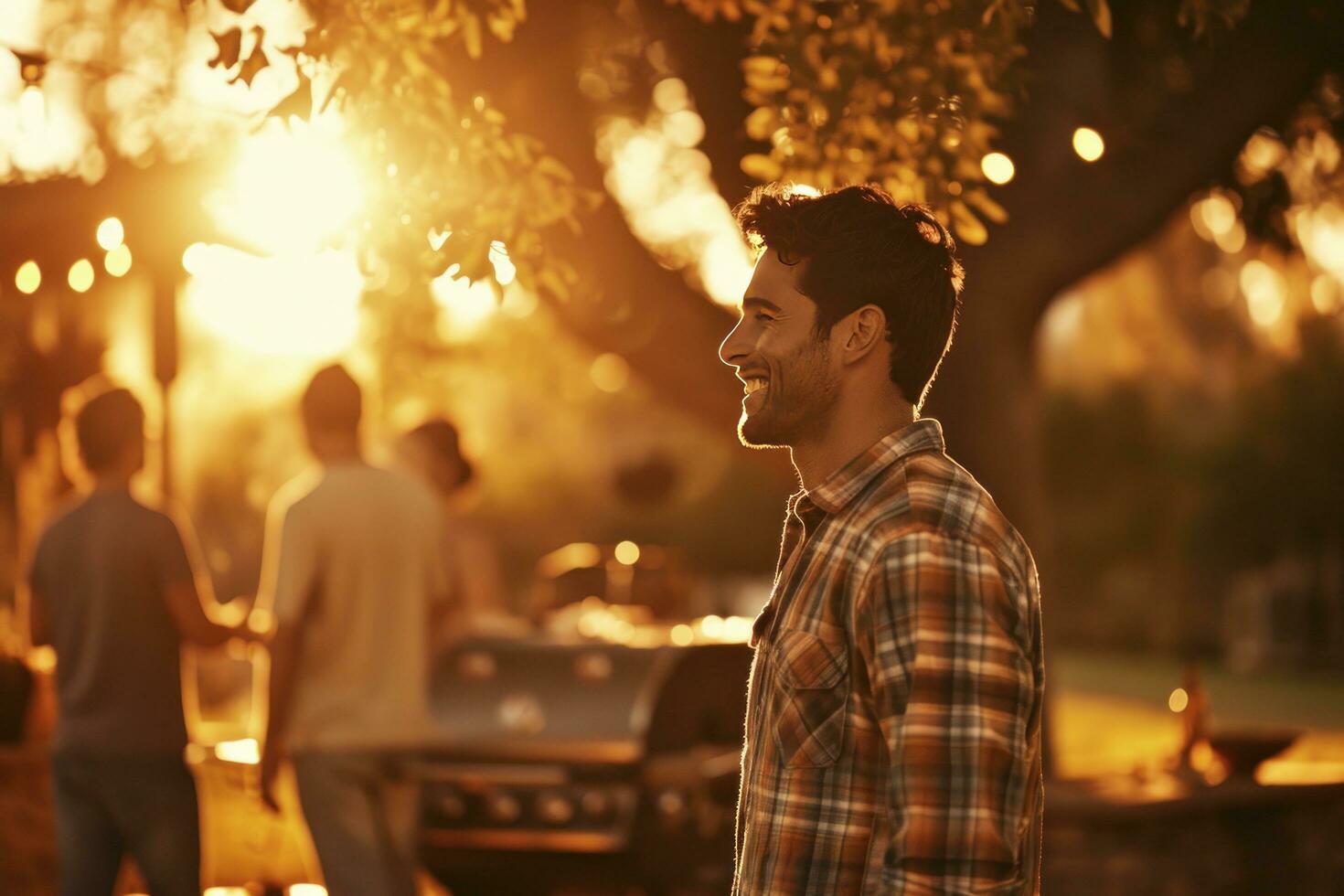 ai generado un hombre sonriente mientras en pie en frente de un parrilla con un pocos personas fuera de foto