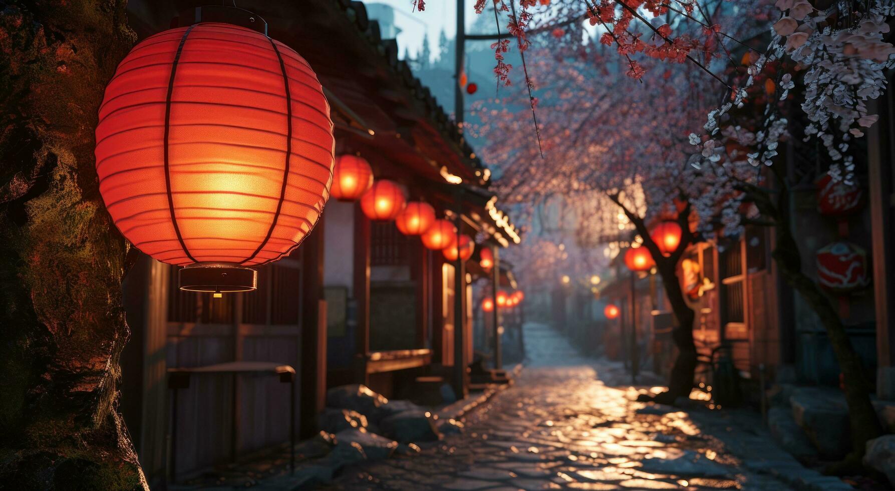 AI generated a red lantern hanging on a lantern street photo