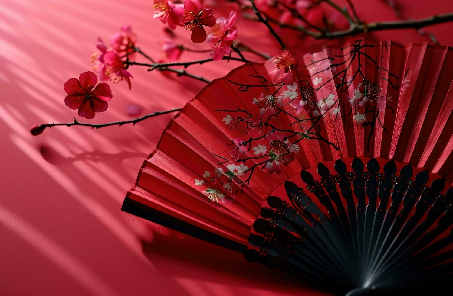 AI generated a paper fan with pink flowers on a red background, photo