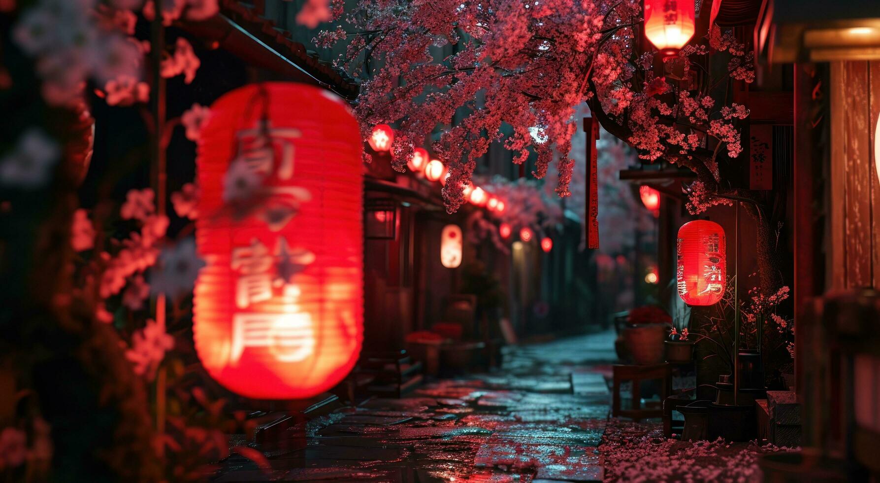 AI generated a red lantern hanging on a lantern street photo