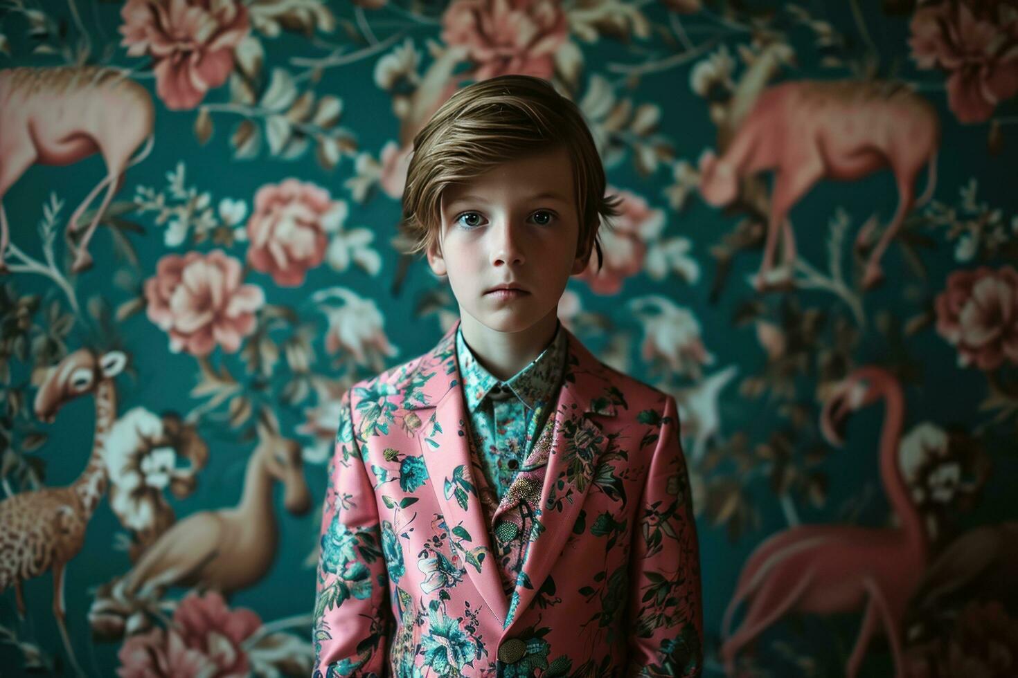 AI generated a boy dressed in a flowery suit poses in front of patterned animals photo