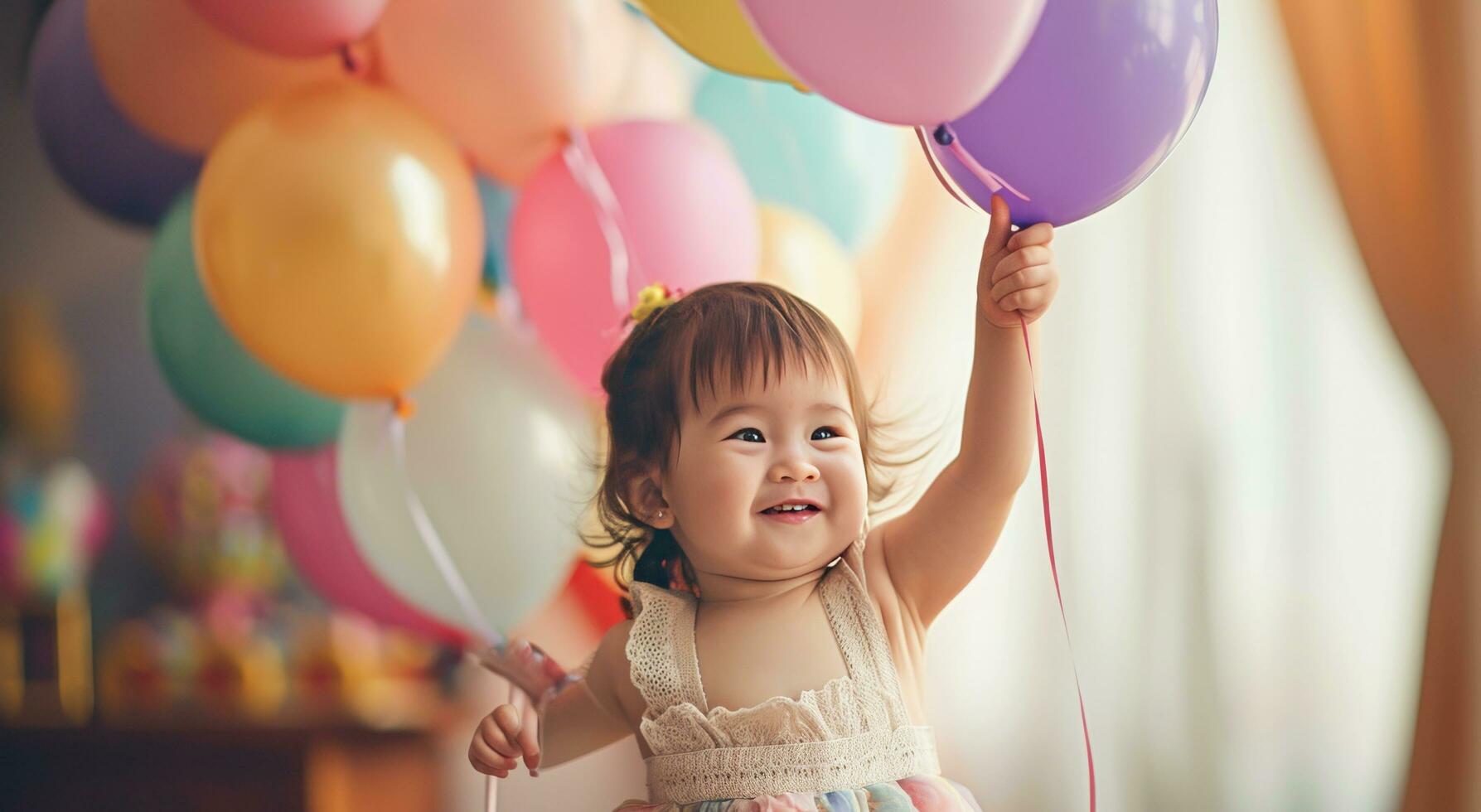 AI generated a toddler holding up a bunch of colorful balloons photo