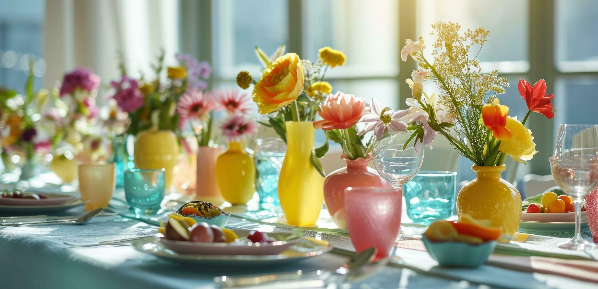 AI generated a table setting decorated with pastel colored glass vase of flowers and food photo