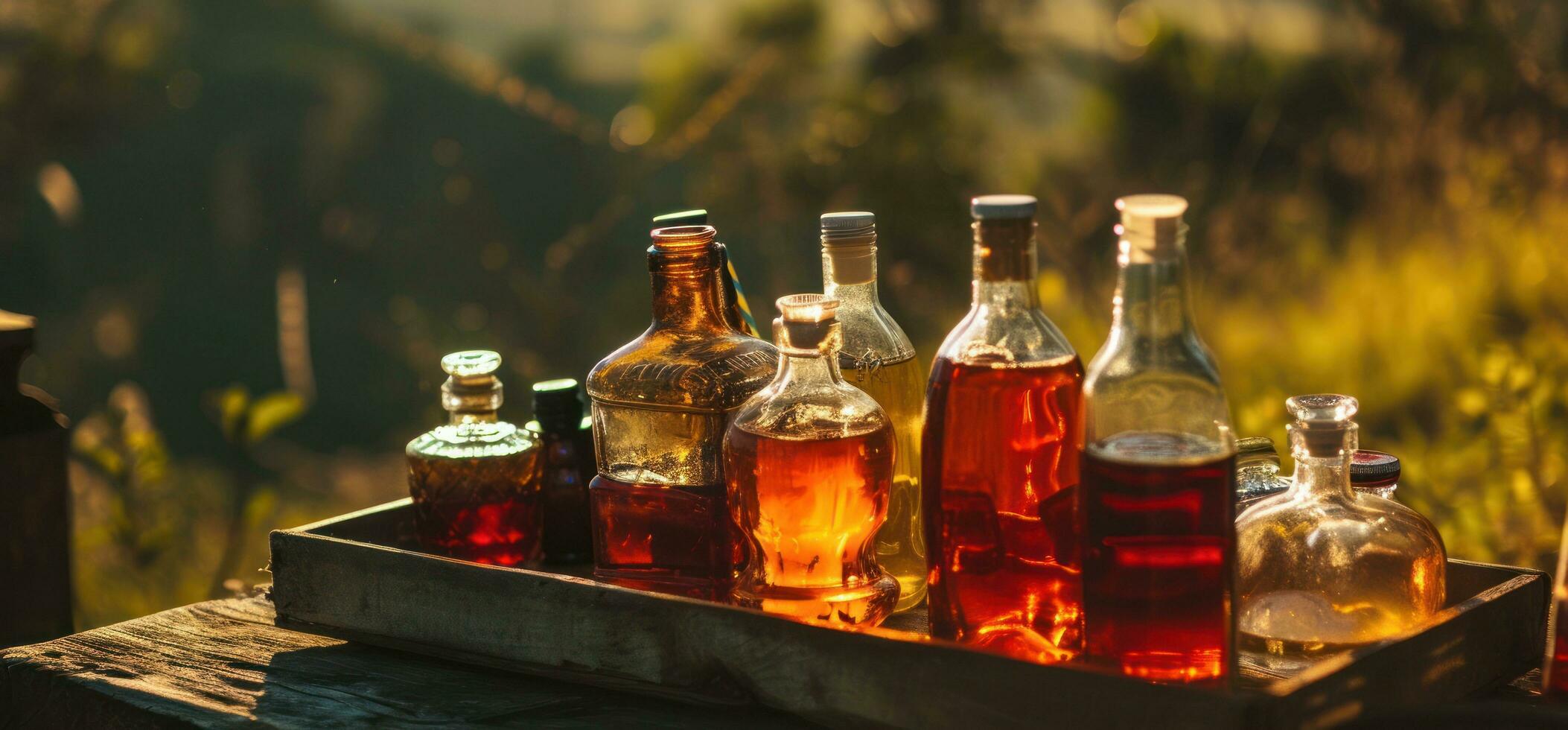 AI generated a small tray full of bottles with drinks sitting on a table with a background of a grassy hill photo