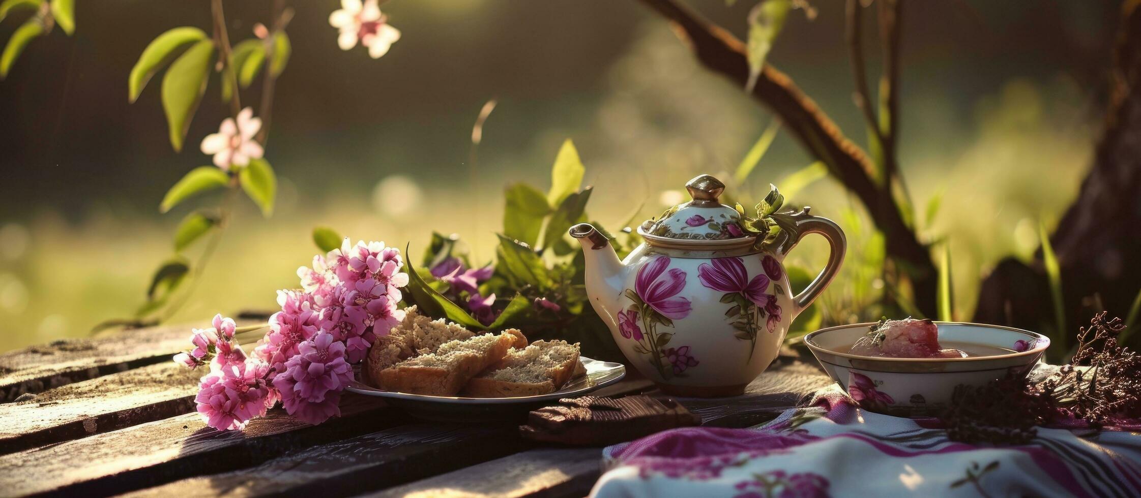 ai generado un tetera con rosado flores se sienta siguiente a algunos comida y té foto