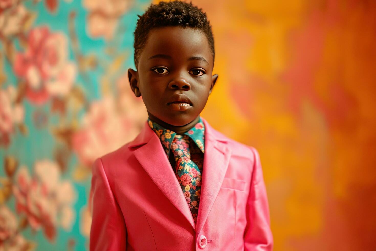 AI generated a short boy wearing an outfit made from a pink suit, tie and pants photo