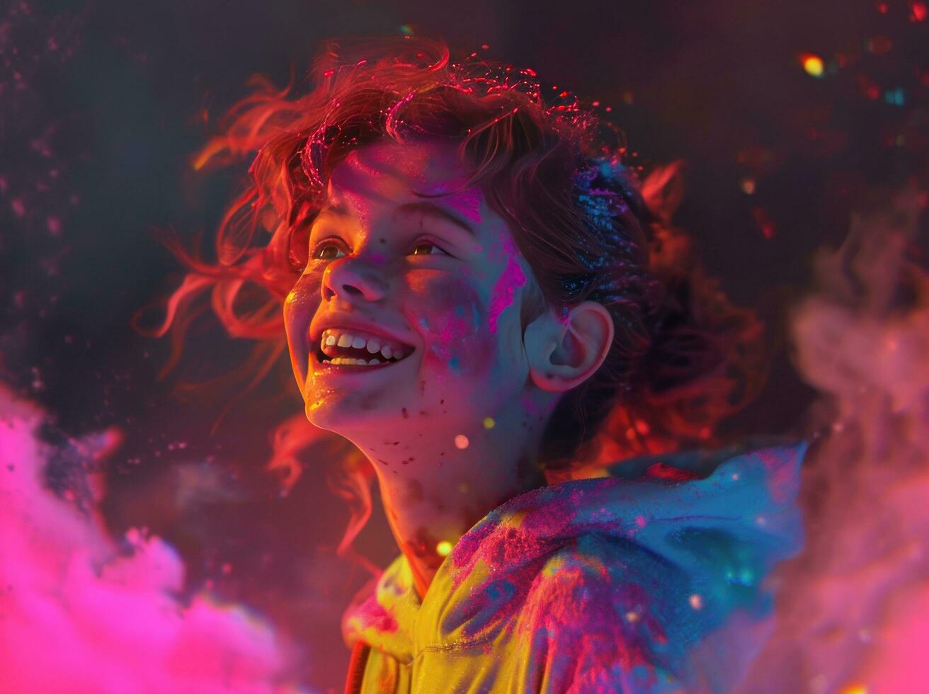 AI generated a young girl smiling in colorful powder photo