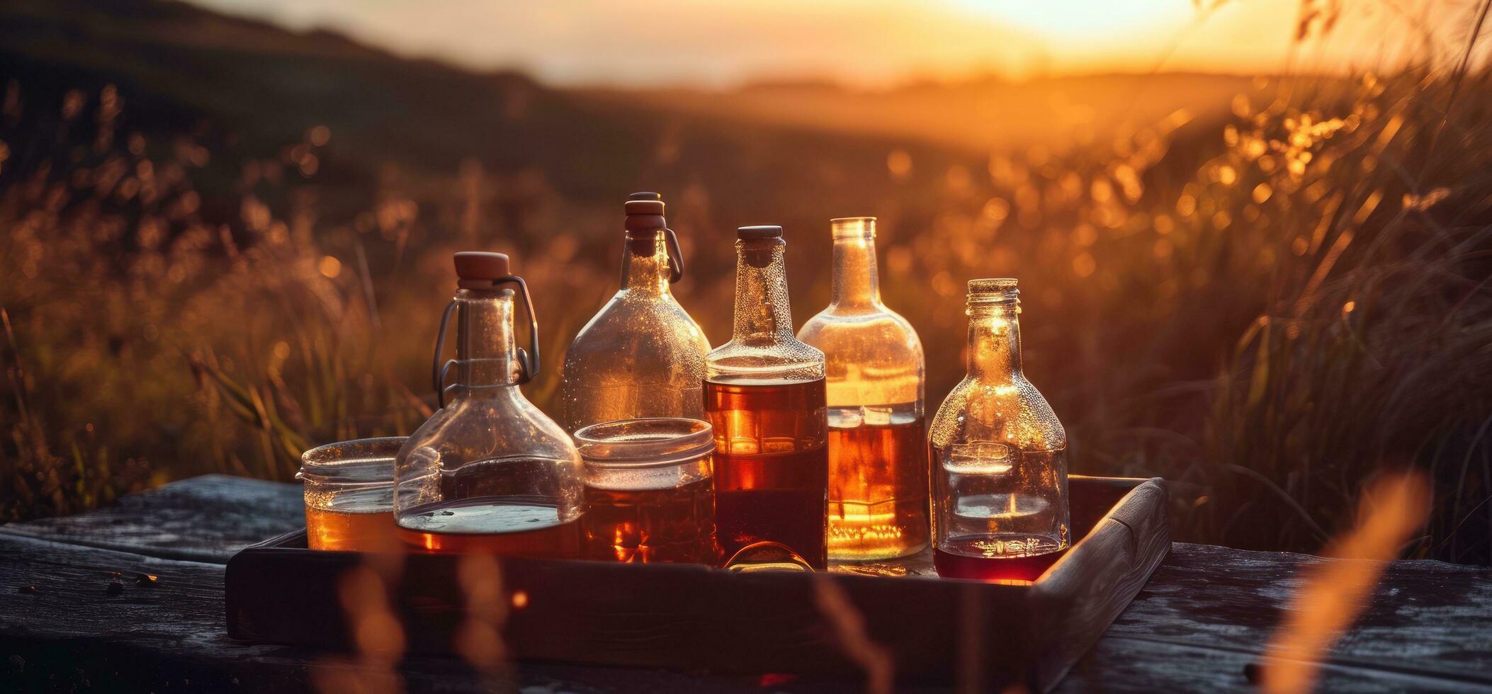 AI generated a small tray full of bottles with drinks sitting on a table with a background of a grassy hill photo