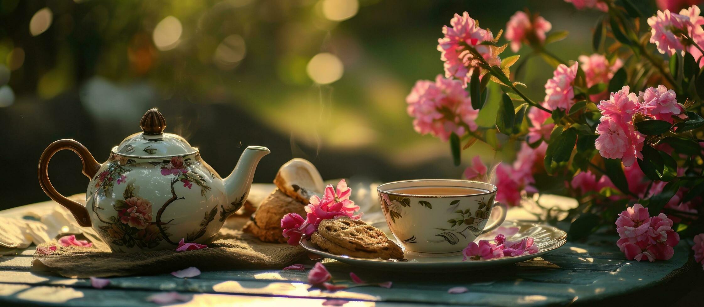 AI generated a teapot with pink flowers sits next to some food and tea photo