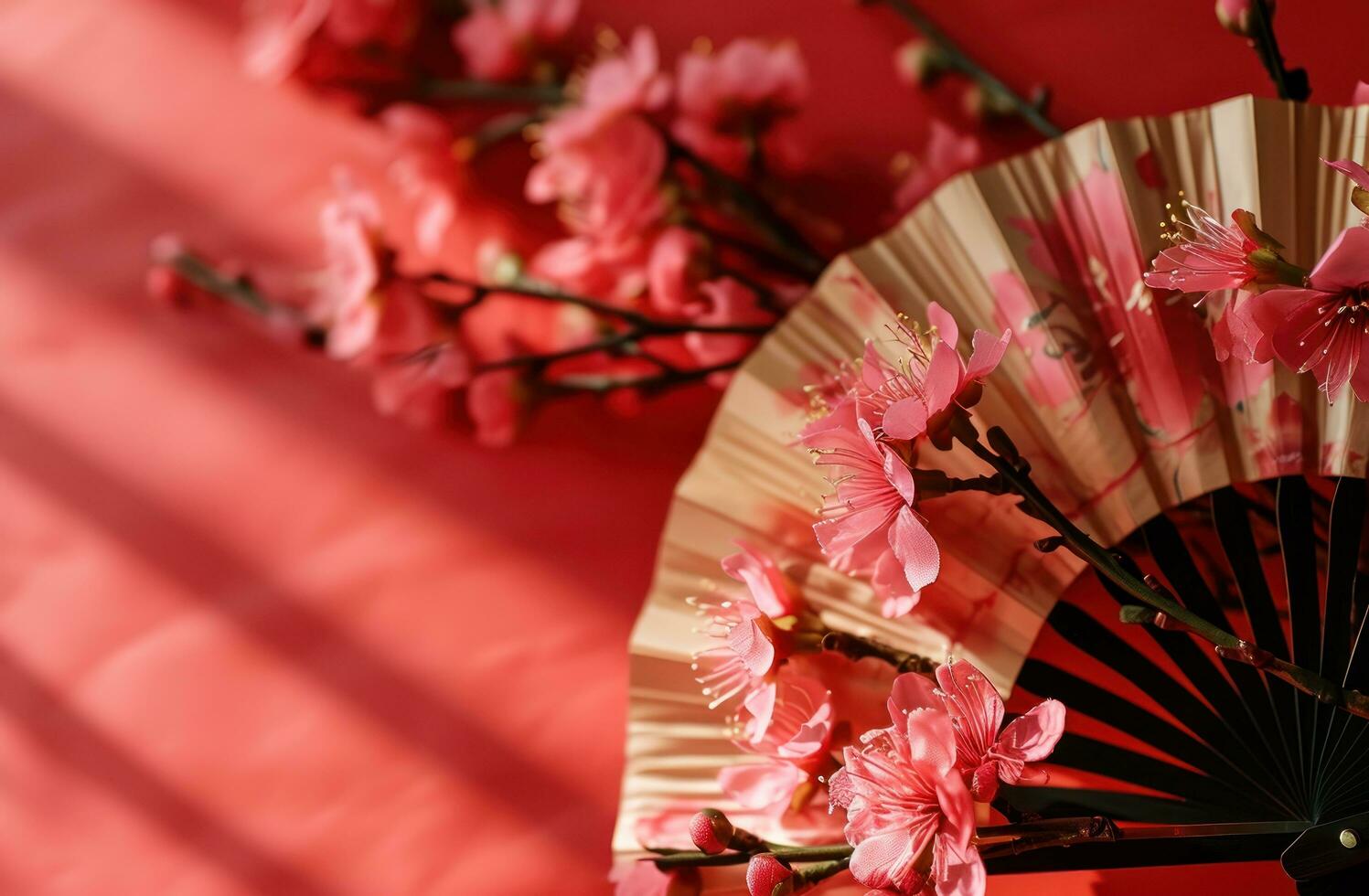 ai generado un papel ventilador con rosado flores en un rojo fondo, foto
