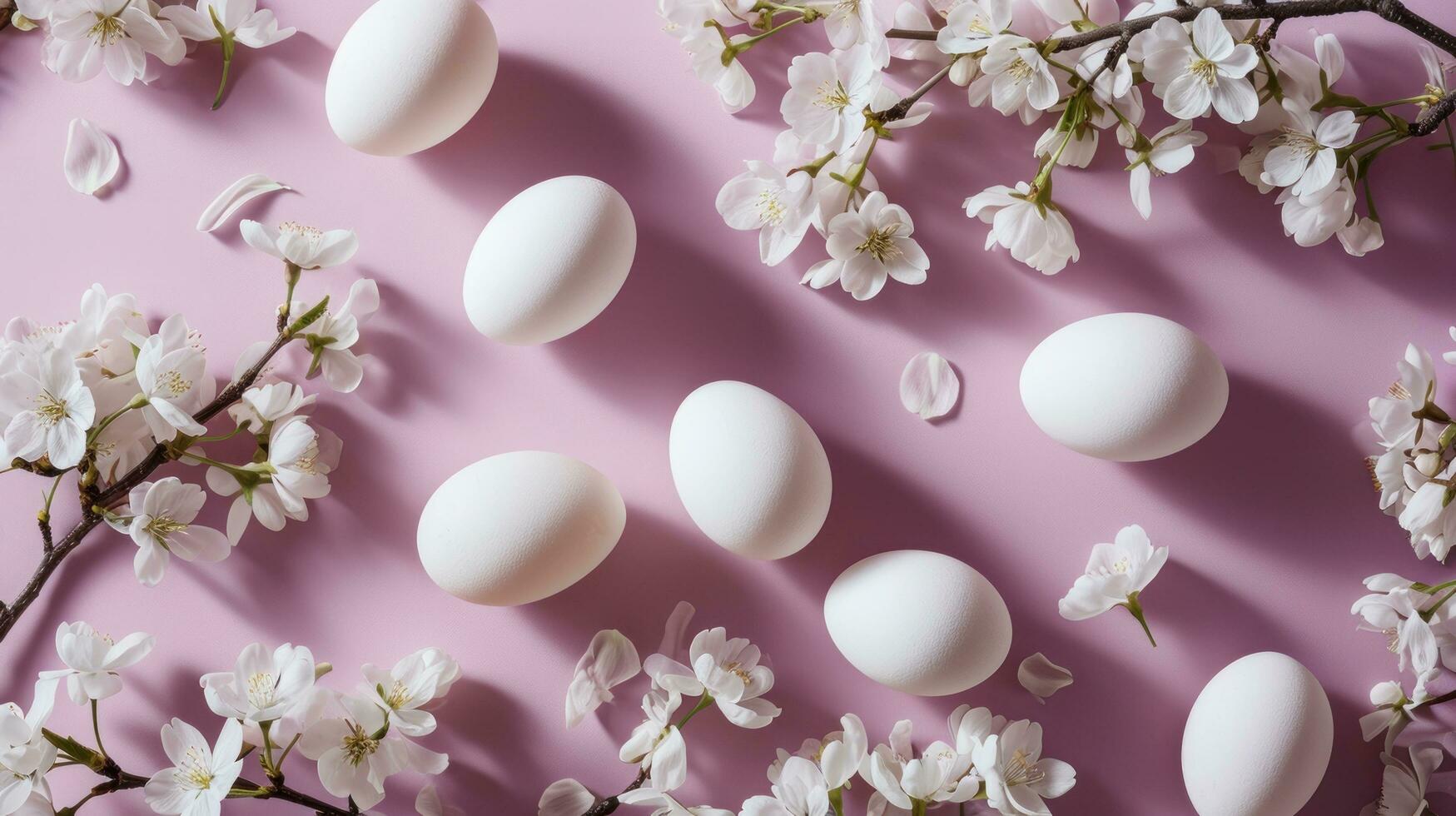 AI generated an arrangement of white eggs on an apricot background with sakura white flowering branches photo