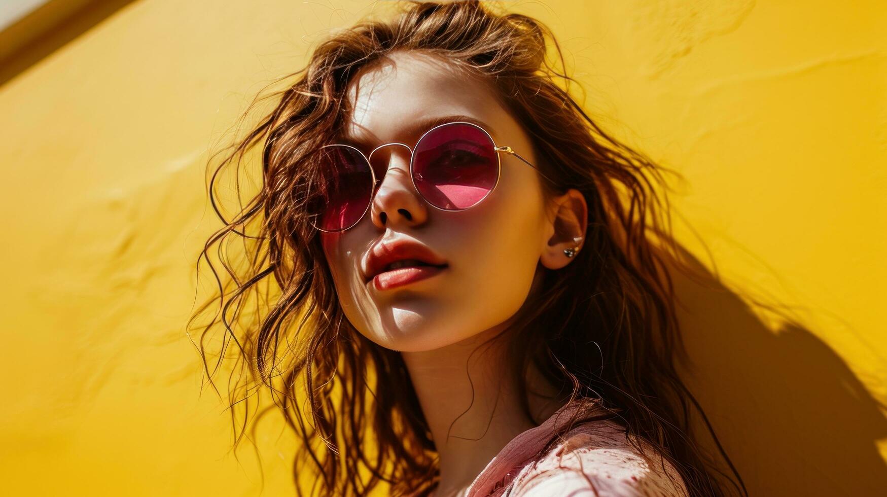 AI generated a young woman wearing pink sunglasses over a yellow background photo