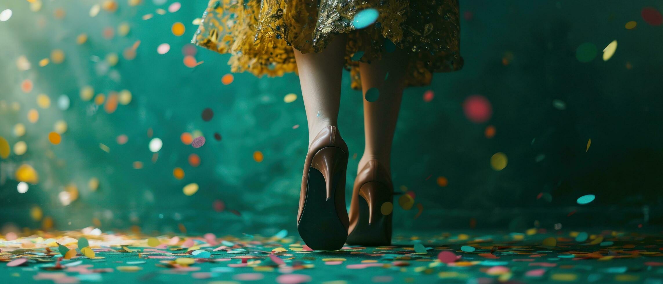 AI generated a woman with yellow high heels stands in front of a green wall photo