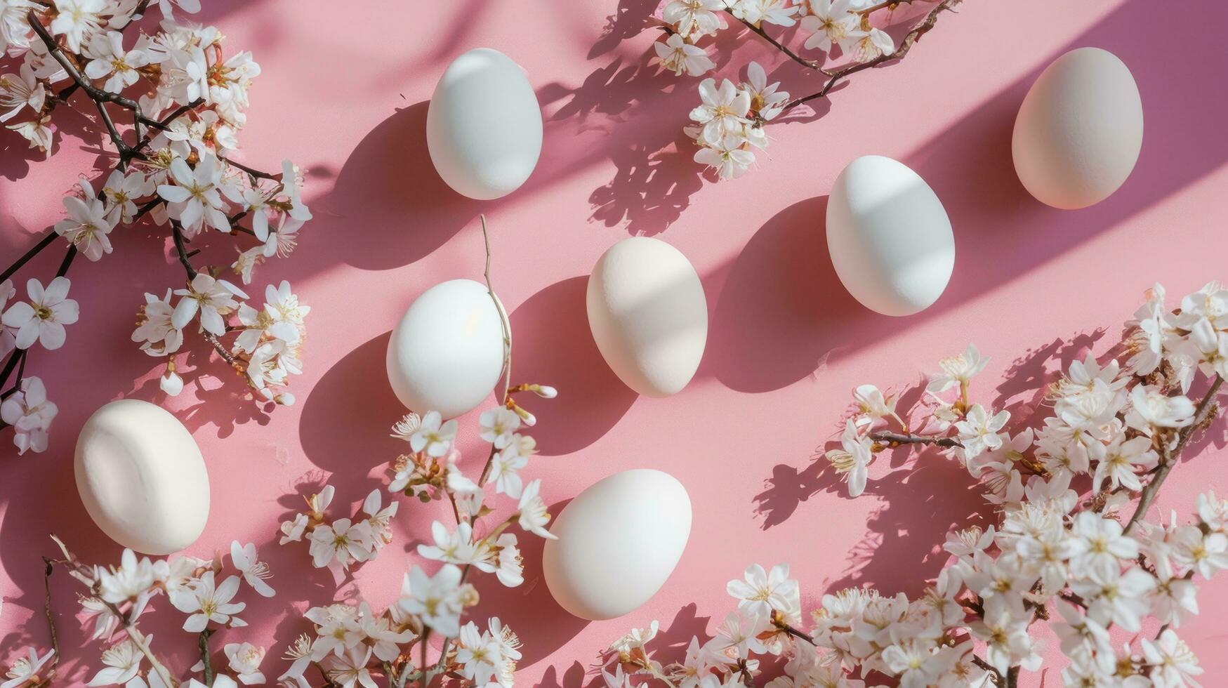 AI generated an arrangement of white eggs on an apricot background with sakura white flowering branches photo
