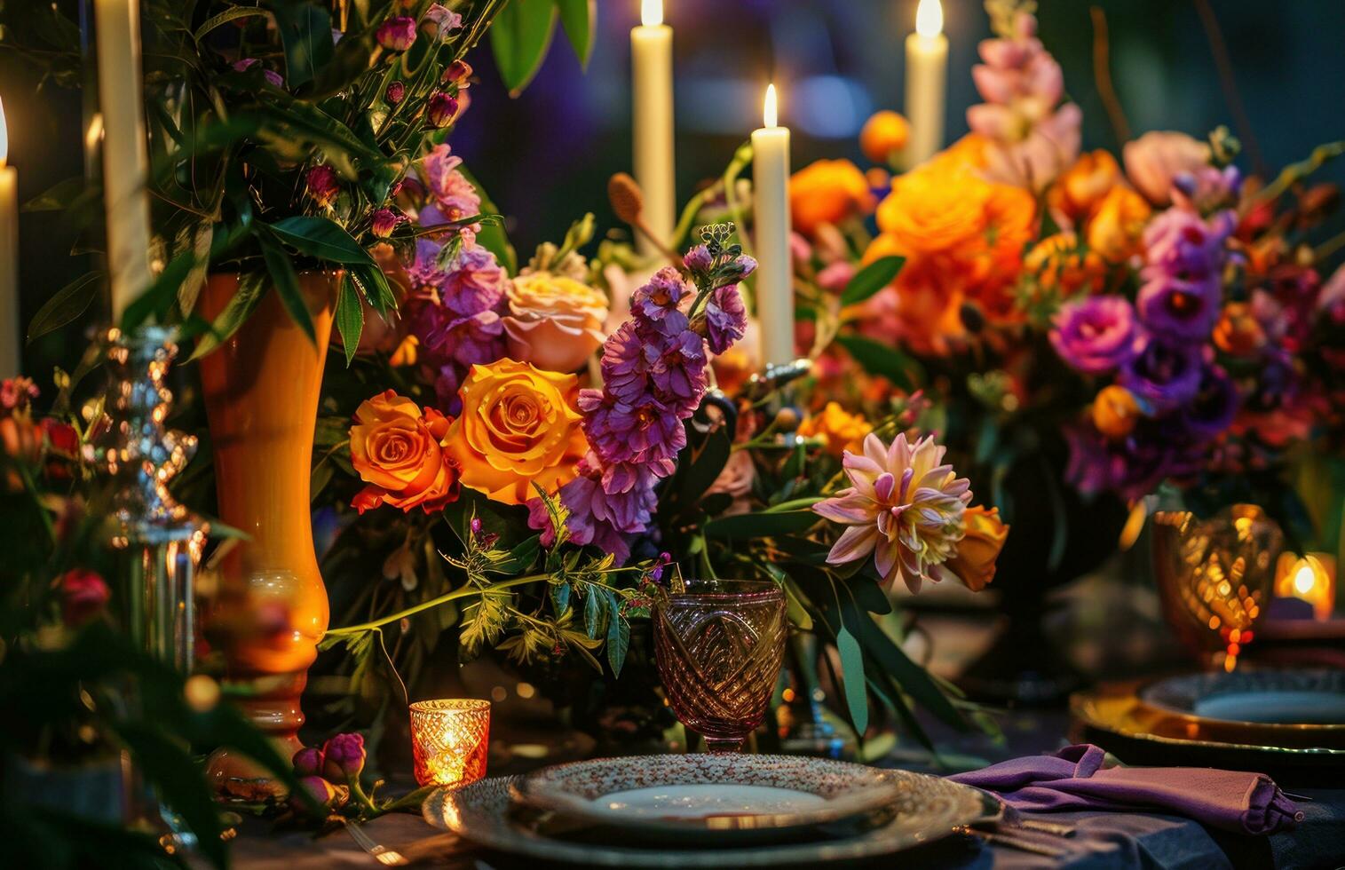 AI generated a table with flower arrangements on it photo