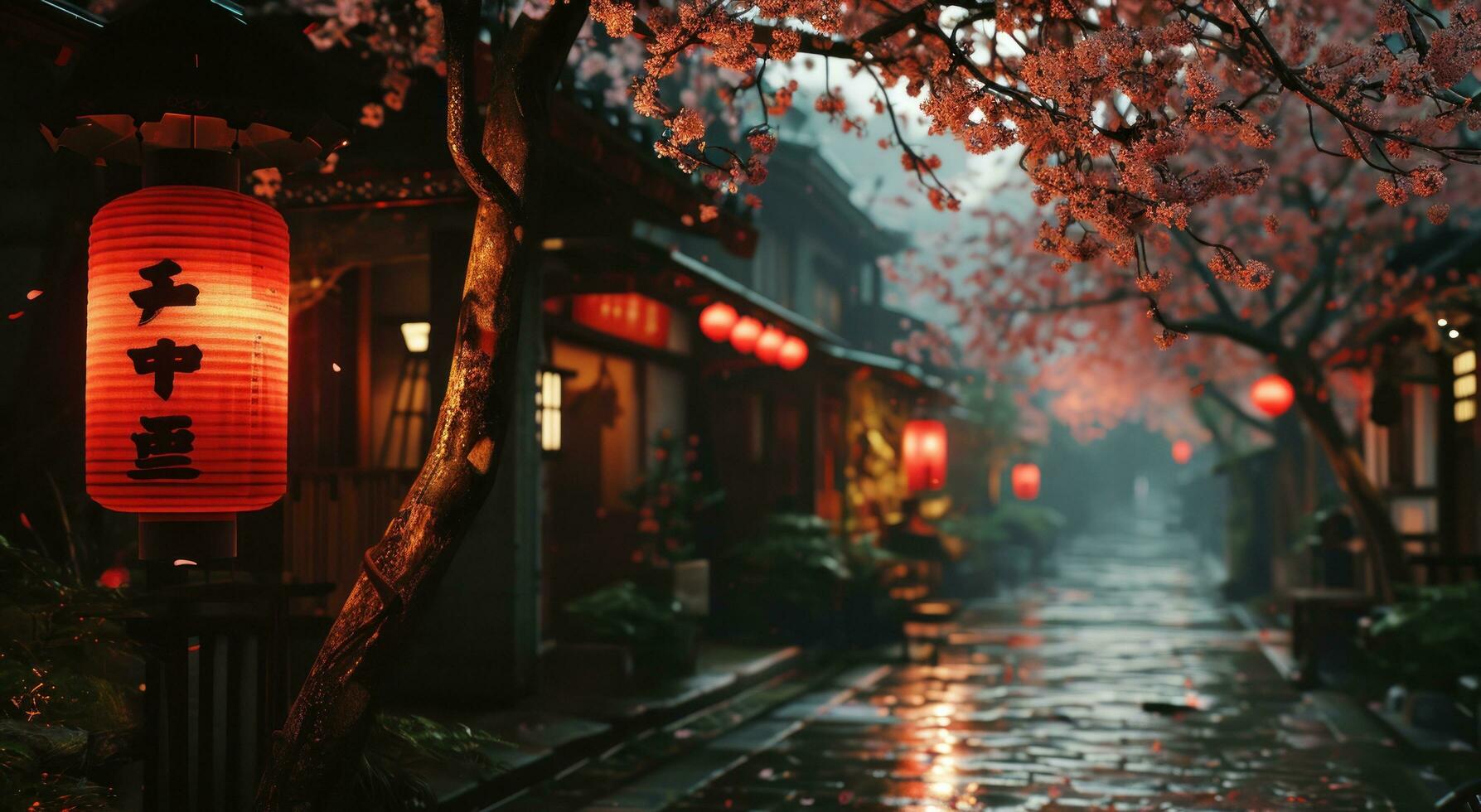 AI generated a red lantern hanging on a lantern street photo