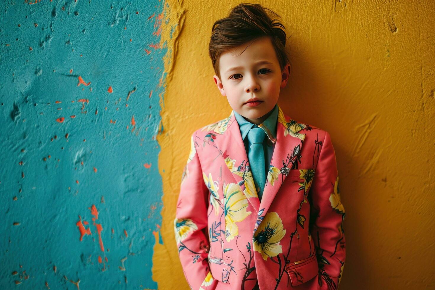 AI generated a short boy wearing an outfit made from a pink suit, tie and pants photo