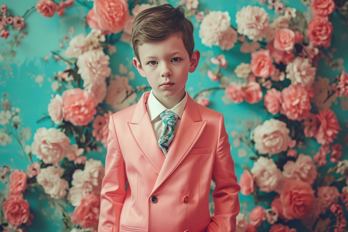 AI generated a short boy wearing an outfit made from a pink suit, tie and pants photo