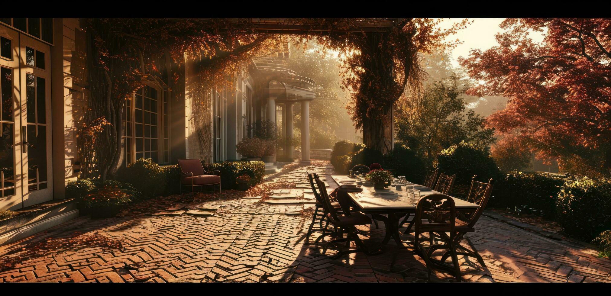 AI generated an outdoor dining table on a brick patio, photo