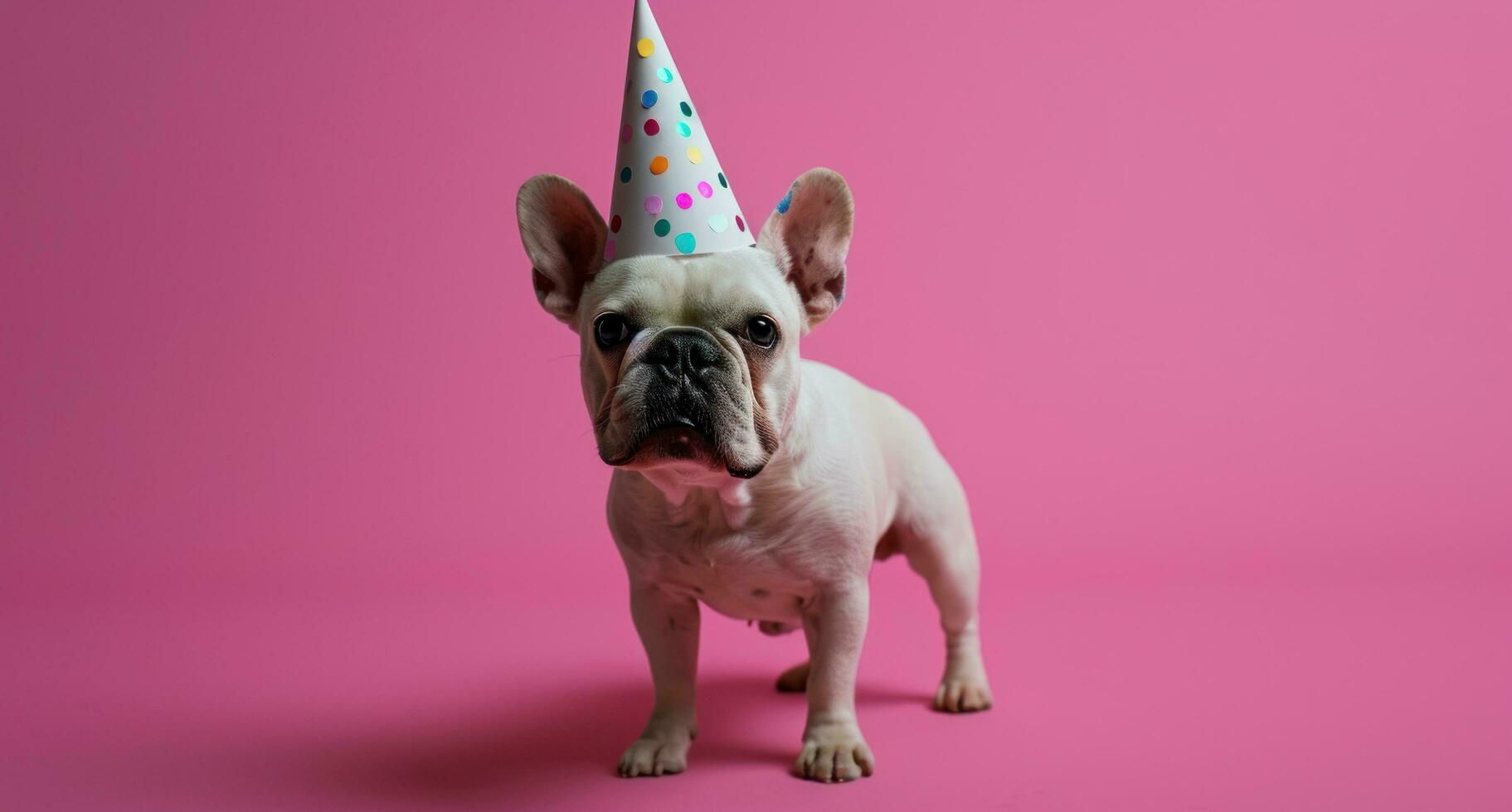 ai generado un blanco francés buldog en un fiesta sombrero es en pie en un rosado antecedentes foto