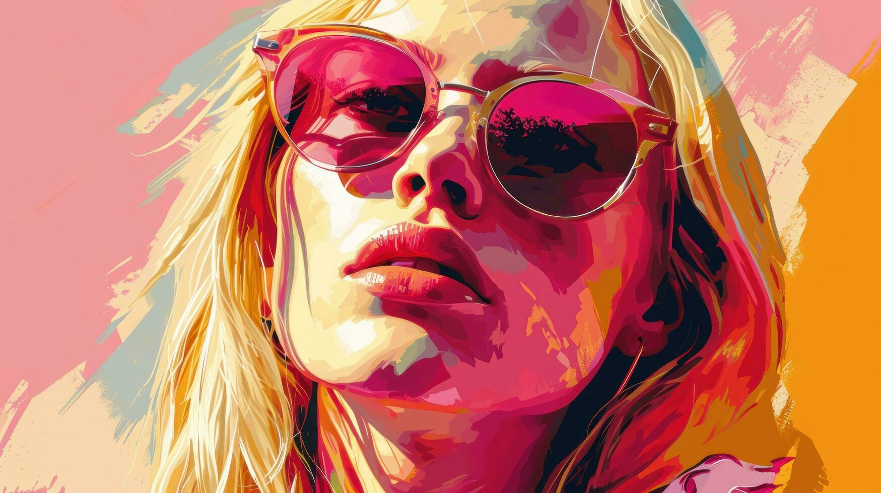 AI generated an elegant blonde woman wearing sunglasses in red and pink bright sunglasses photo
