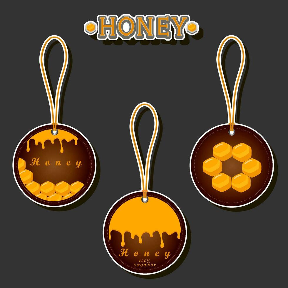 Illustration on theme for label of sugary flowing down honey in honeycomb with bee vector