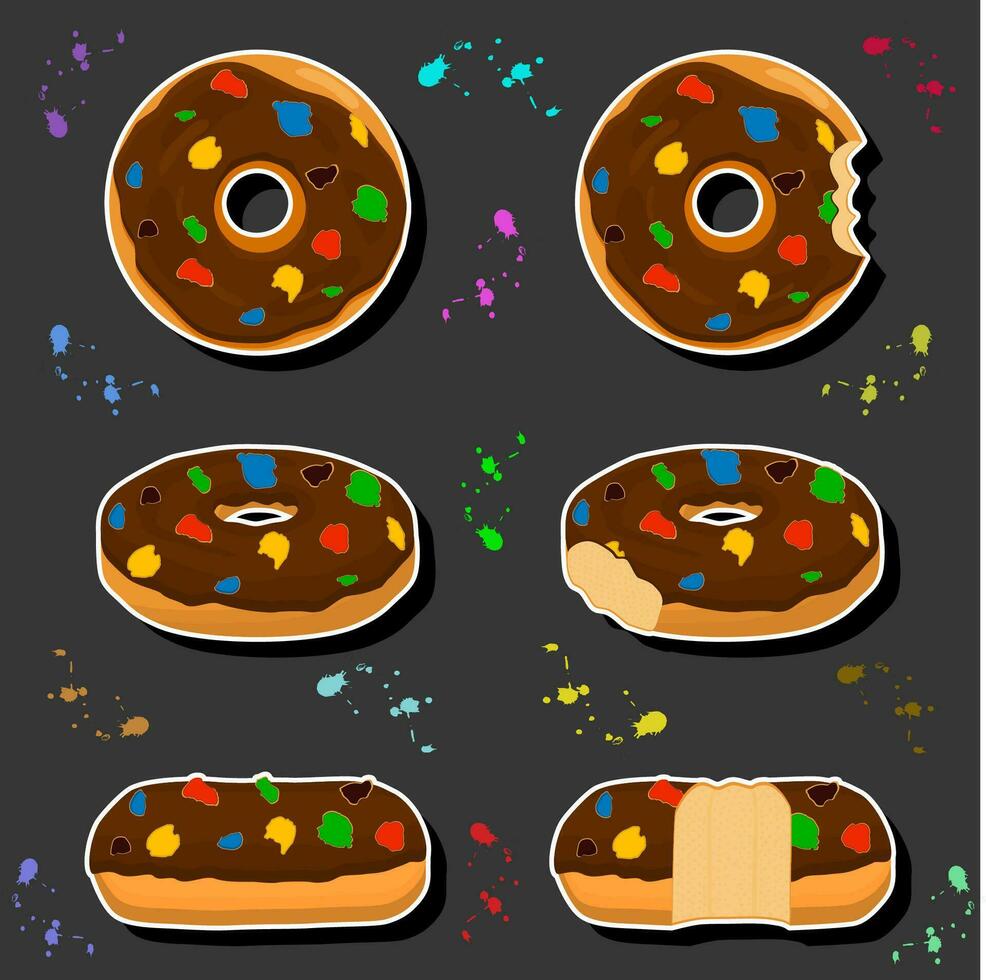 Illustration on theme big set different types sticky donuts, sweet doughnuts various size vector