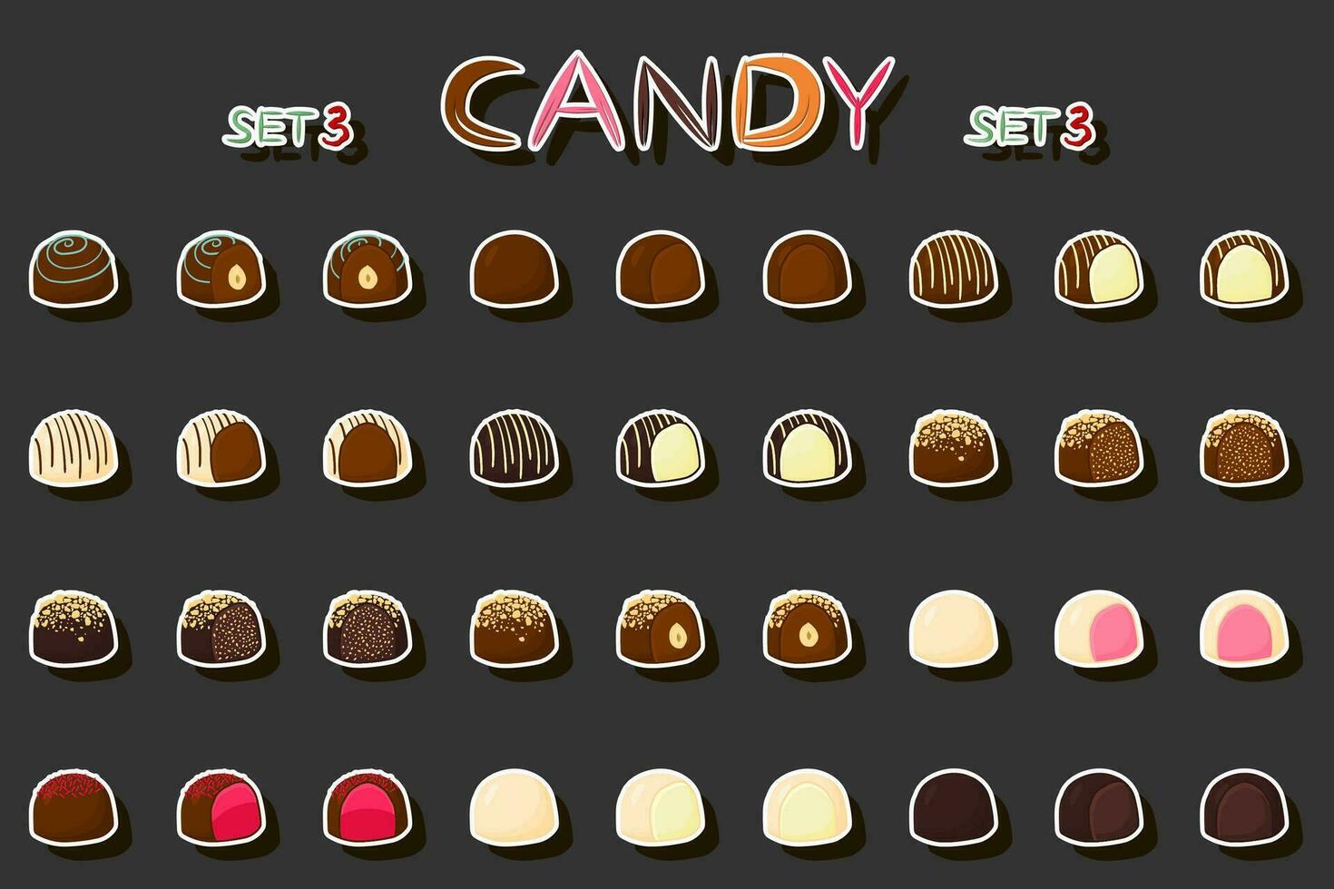 Illustration on theme beautiful big set sweet chocolate candy bonbon vector