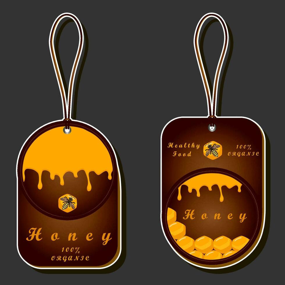 Illustration on theme for label of sugary flowing down honey in honeycomb with bee vector