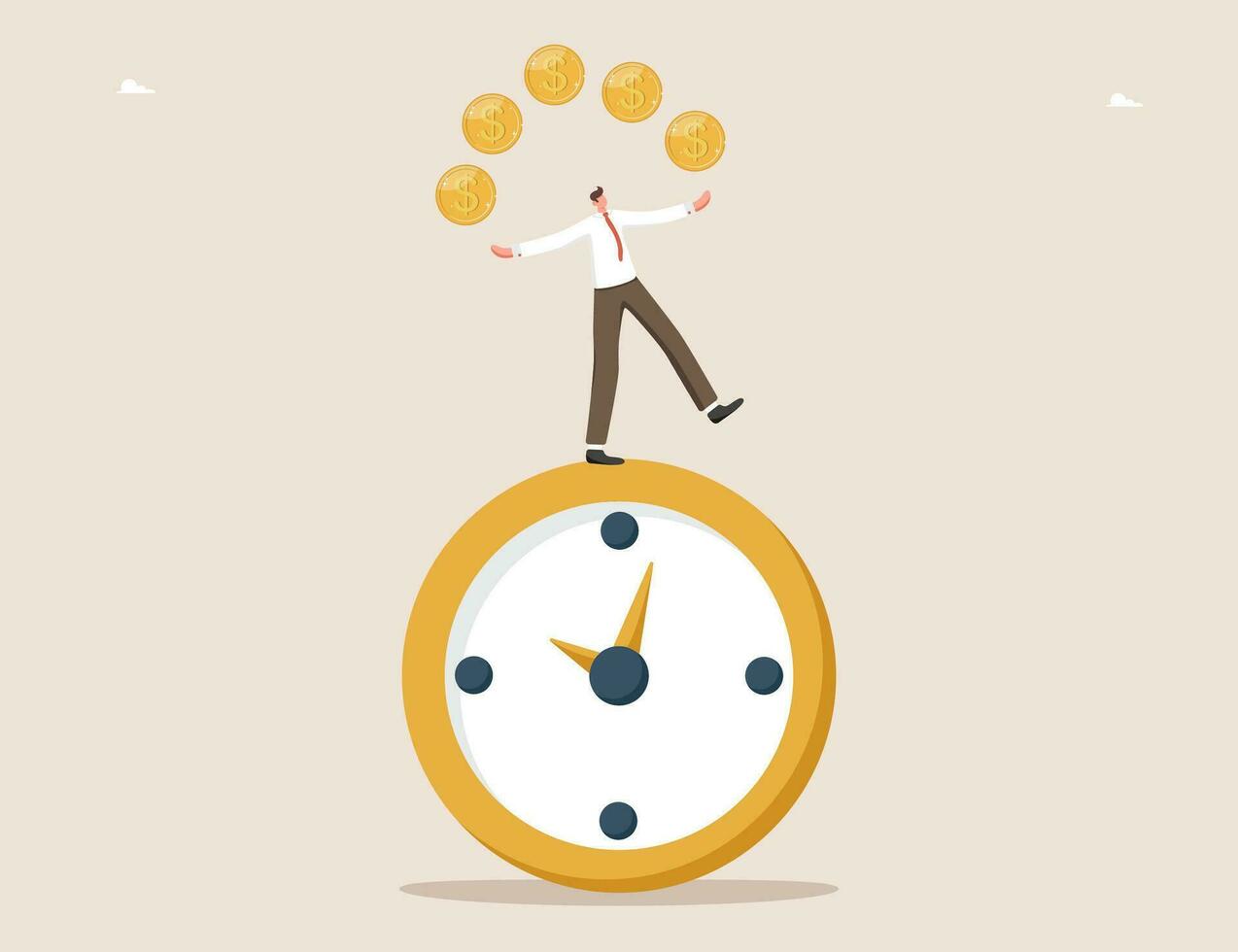 Man juggling coins while standing on clock vector