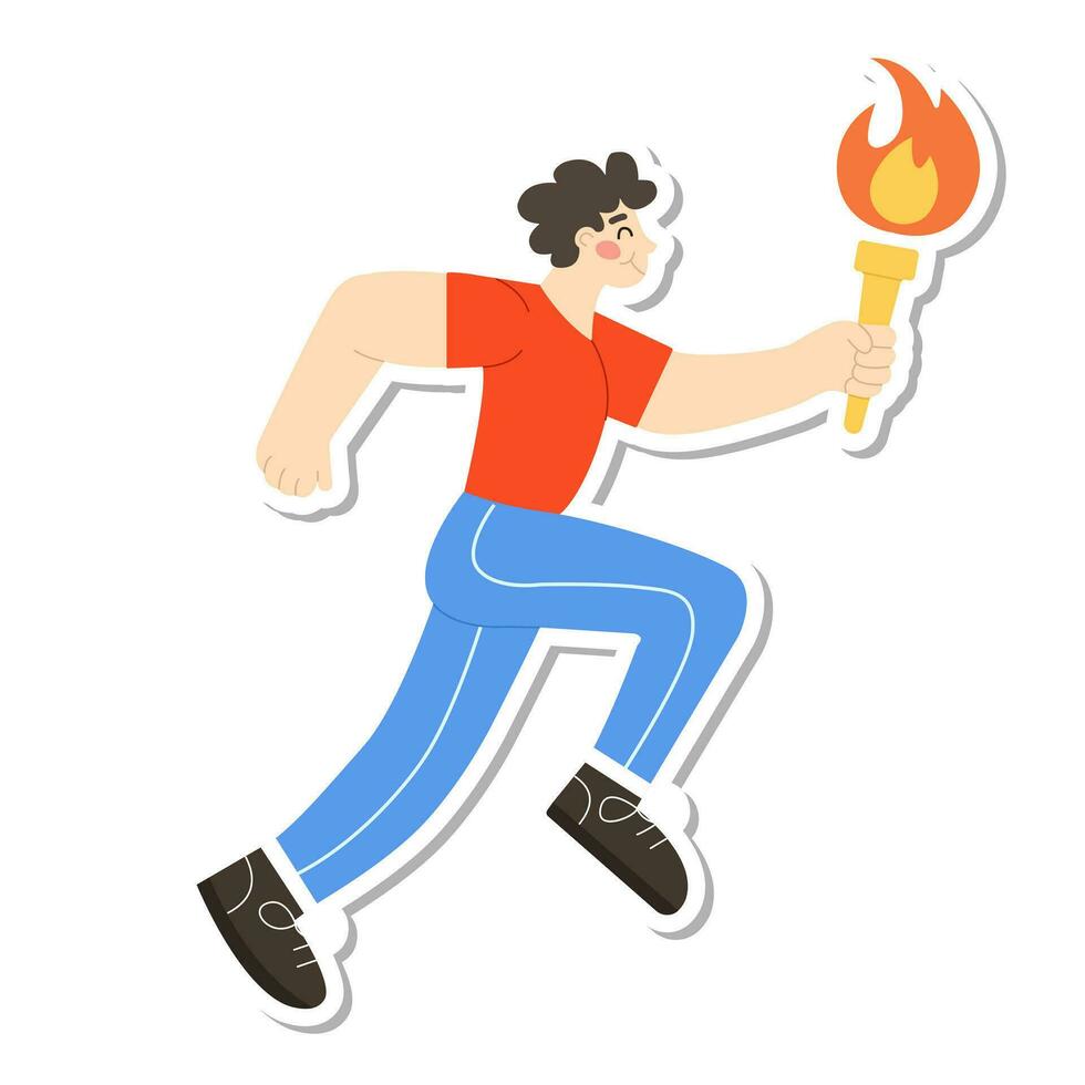 Sticker Man running marathon with torch. Vector illustration in modern flat style