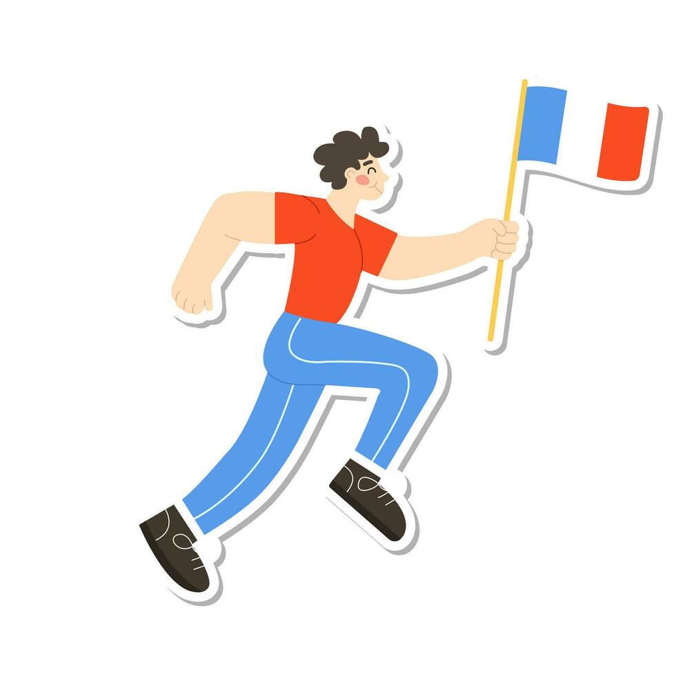 Sticker Man running marathon with France flag Vector illustration in modern flat style