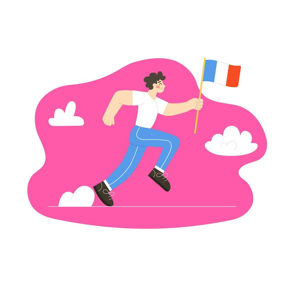 olímpico juegos en París o competencia concepto Francia 2024 hombre corriendo maratón con Francia bandera vector ilustración en moderno plano estilo
