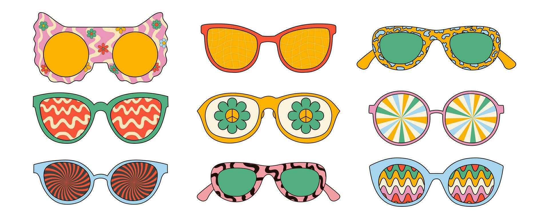 Retro psychedelic sunglasses. Vector illustrations isolated on white background.