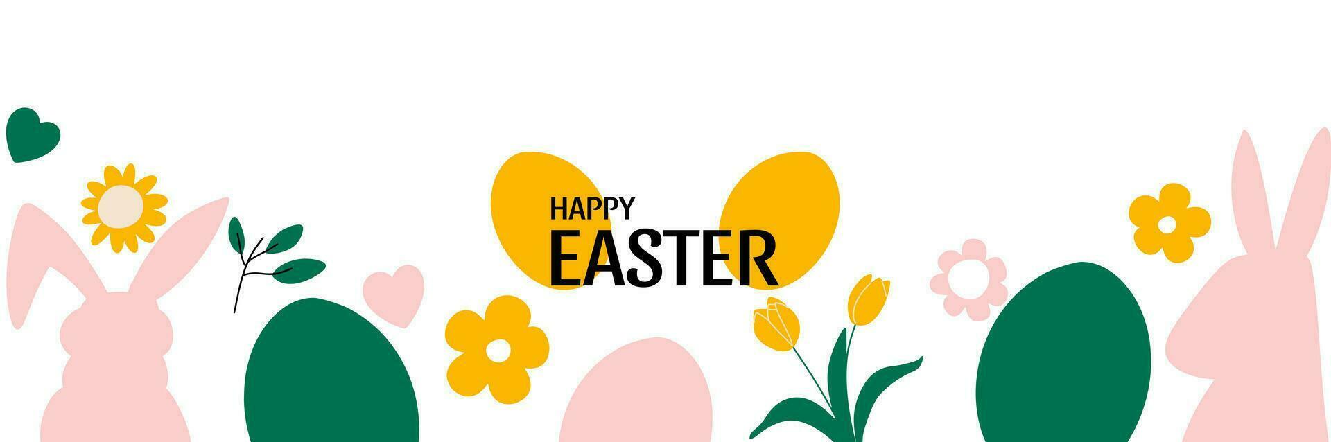 Happy Easter abstract graphic design banner. Holiday template, layout. Spring background with funny bunny and Eggs. Vector illustration in hand draw style.