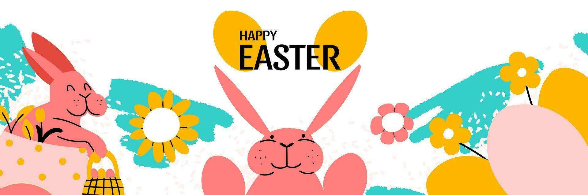 Happy Easter abstract graphic design banner. Spring background with funny bunny and Eggs. Vector illustration in hand draw style.