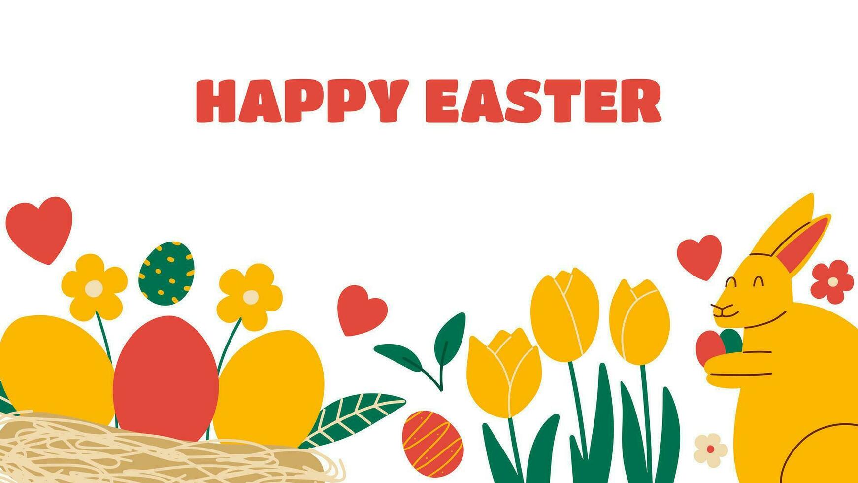 Happy Easter abstract graphic design banner. Holiday template, layout. Spring background with funny bunny and Eggs. Vector illustration in hand draw style.