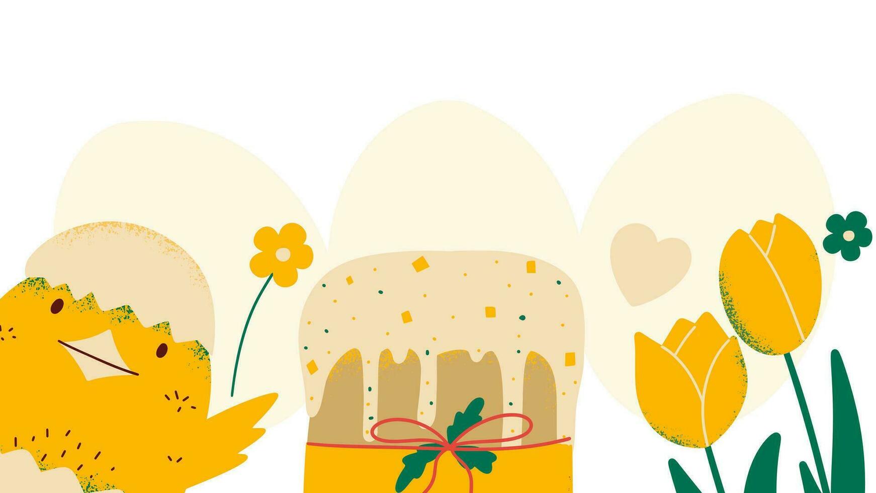 Happy Easter background. Spring banner with holiday food and funny Chick. Vector illustration in flat style.