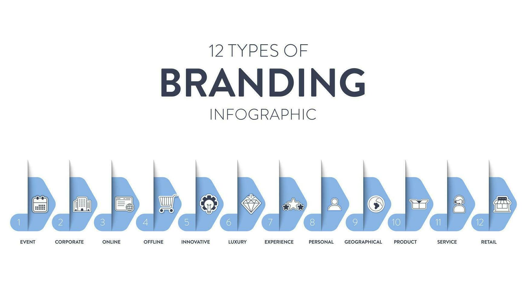 12 tipos de marca estrategias infografía diagrama bandera con icono vector para presentación diapositiva modelo tiene personal, producto, servicio, minorista, corporativo, en línea, innovador, experiencia y etc.