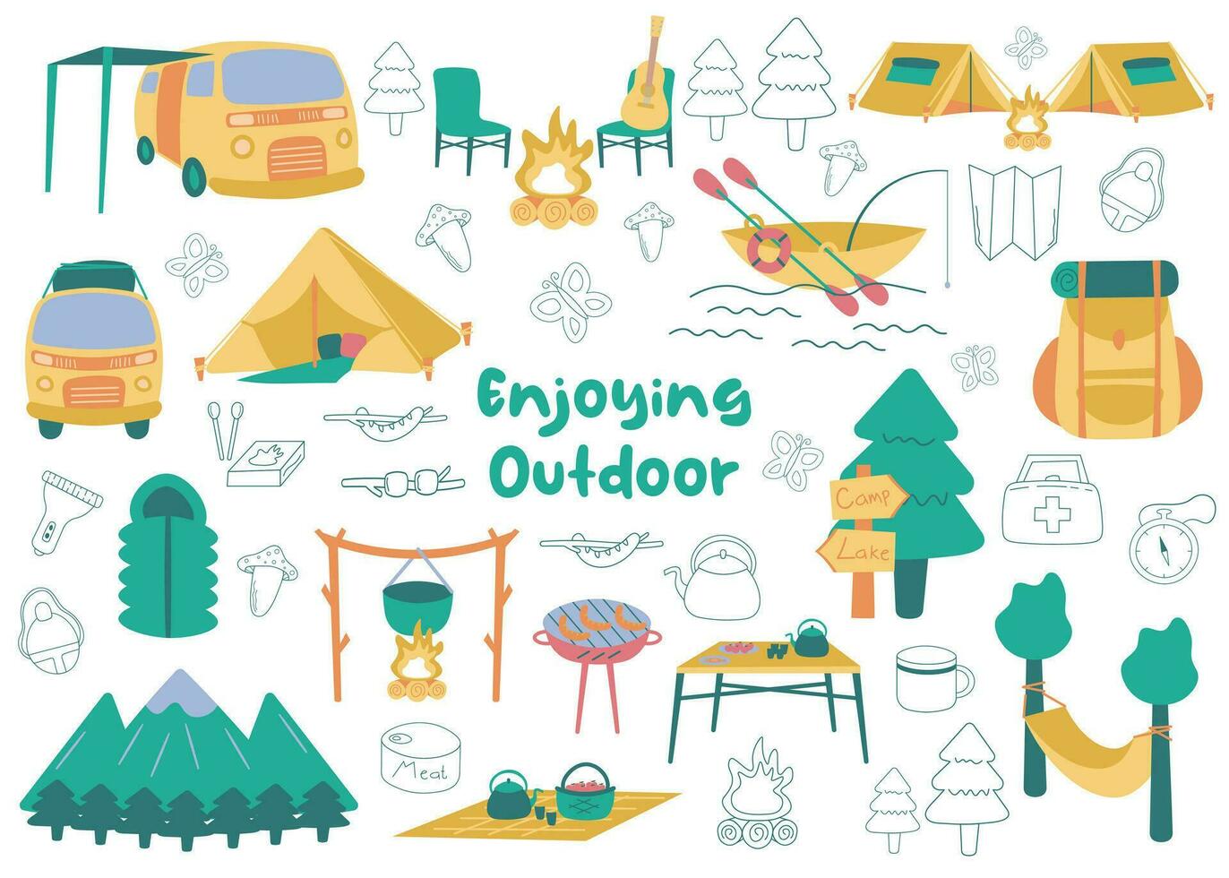 conjunto ilustración de disfrutando al aire libre ocupaciones vector