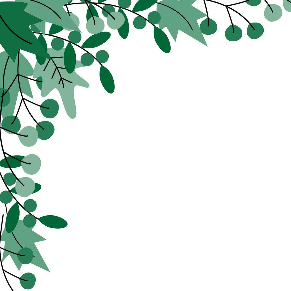 Abstract corner frame border of twigs and leaves in trendy monochrome green. Template for greetings vector